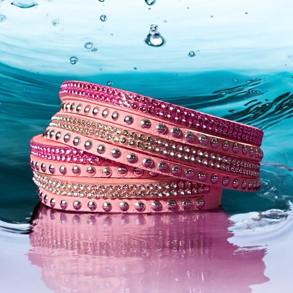 Pink Rhinestone Double Leather Wrap Bracelet Adjustable Snap Closure